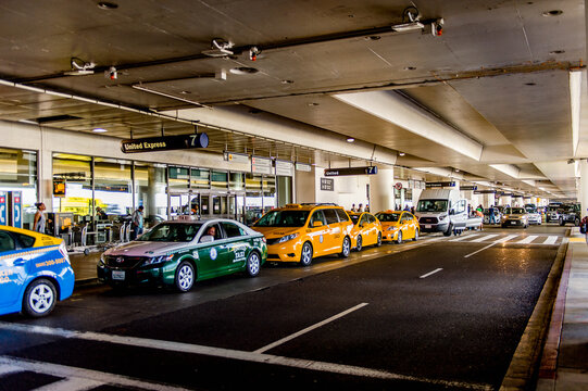 LOS ANGELES, USA - SEP 26, 2015: Taxi cab line at the Los Angeles International Airport (LAX) , the primary airport serving the Greater Los Angeles Area,