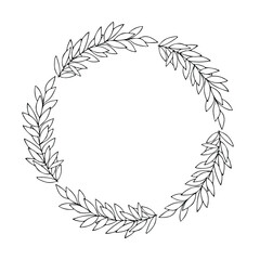 Round wreath frame. Contour black-and-white drawing of abstract plants.