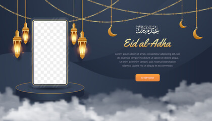 Background Islamic, ed al-Ad ha, for social media banner Islamic, with mockup stand phone