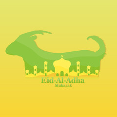 Vector Illustration, Banner, Poster or Greeting Card Template of Islamic Holiday Eid Al Adha Mubarak With Mosque, Goat or Sheep. Islamic Holiday Eid Al Adha Mubarak Concept.