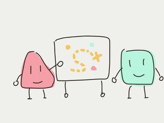 2 cartoon character standing in front of the whiteboard with road map and goal map. Employee discuss with each other. Discussing and brainstorming. Co-worker working having meeting together