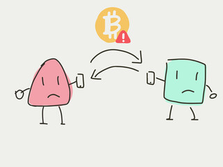 Bitcoin exchange and payment in cartoon style, 2 character sending bitcoin via smart phone. The bitcoin transaction with problem and risks. The potential error of payment or transaction may happen