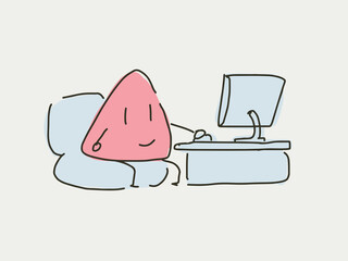 Cartoon character sit on the sofa work with desktop pc and monitor alone. Work from home or in the office. Happily working or playing game or online surfing. Whit background and saturated colored.