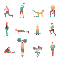 People in the sport set, flat vector illustration. Man and woman in the gym are engaged in recreational exercises. Adult athletes at sporting events tournament isolated on a white background.