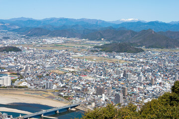 Beautiful scenic view from Gifu Castle on Mount Kinka (Kinkazan) in Gifu, Japan. The main tower originally built in 1201, Rebuilt in 1956.