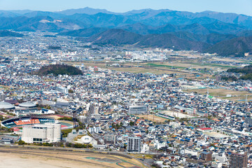 Beautiful scenic view from Gifu Castle on Mount Kinka (Kinkazan) in Gifu, Japan. The main tower originally built in 1201, Rebuilt in 1956.