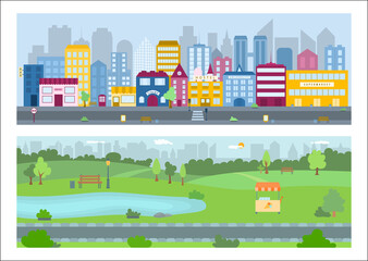 City landscape and architecture set, vector flat illustration. Town public nature park with trees, footpath and recreation area. Town buildings, skyscrapers and cityscapes in the metropolis.