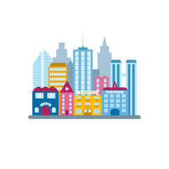 City buildings set, in flat vector style. Municipal buildings and architecture in the urban business district. A group of houses and skyscrapers in megapolis isolated on a white background.