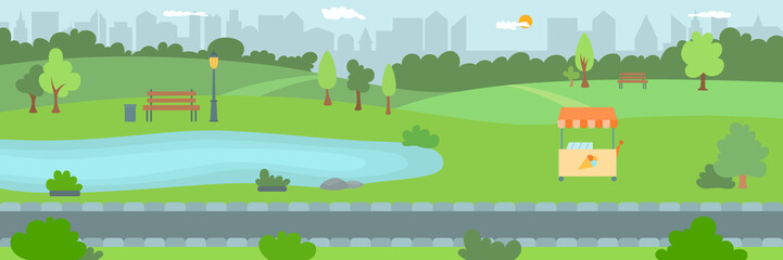 Park area in the city, flat vector illustration. Town public nature park with trees, footpath and a area for environment. Cartoon image of a municipal landscape park with a lake.
