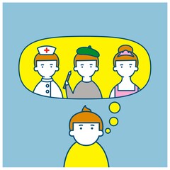 Illustration with the dream of what the child wants to be in the future. A child who has the dream of becoming a nurse, a ballet dancer, and a painter.