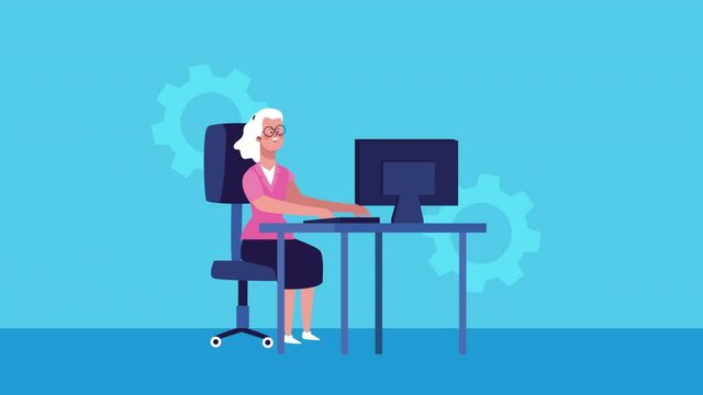 businesswoman using desktop character animated