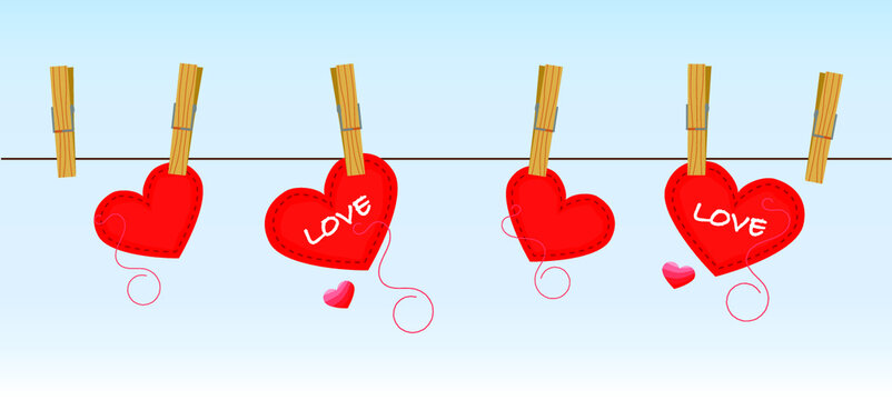 Ilustracao vetor Varal de coracoes, pregadores, love, corda, namorados, declaracao, valentines, ceu, azul, sentimento, 