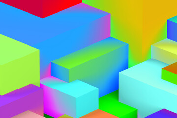 Abstract geometric cubic holographic colorful in neon lights background. isometric 3d render.
