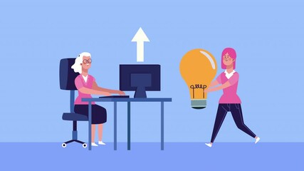 business women using desktop and bulb characters animated