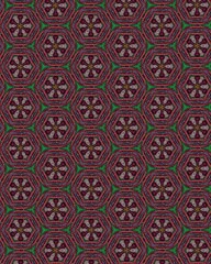 seamless pattern with abstract red flowers on green background in grain texture 