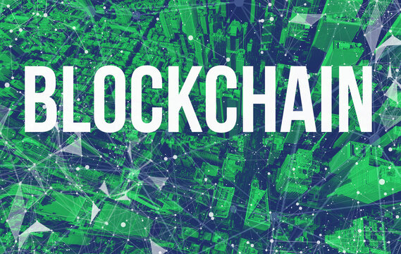 Blockchain theme with abstract network patterns and Manhattan NY skyscrapers