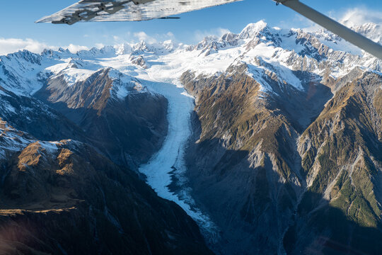 The view of Fox Glacier in the South Island of New Zealand from a scenic flight