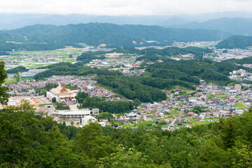 Takayama City view from Ruins of Matsukura Castle in Takayama, Gifu, Japan.