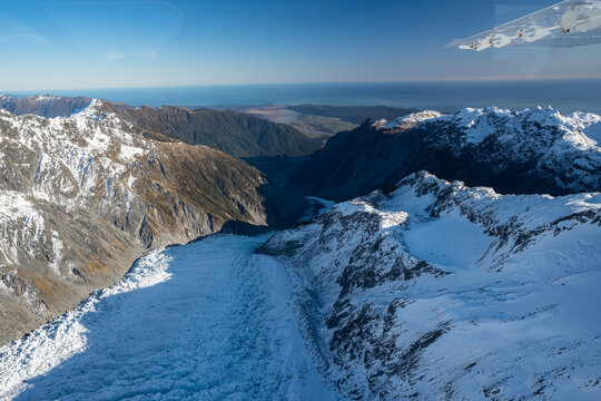 The view from the top of Franz Josef Glacier in the South Island of New Zealand from a scenic flight