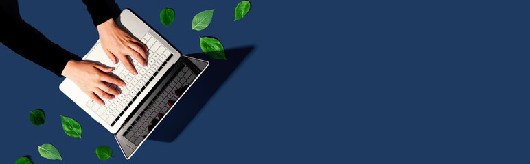 Person using a laptop computer with green leaves from above