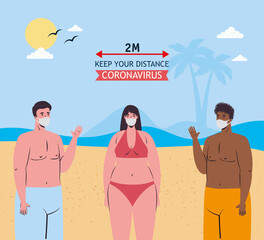 Social distancing between boys and girl with medical masks at the beach design, Summer vacation tropical and covid 19 virus theme Vector illustration