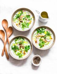 Summer greek yogurt cold soup with cucumber, radish, cilantro and nuts on a light background, top view