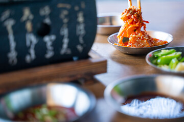 close up kimchi in korean BBQ set