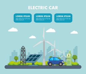 electric blue car with solar panel station and wind mills design, Eco energy power save sustainable environmental nature and conservation theme Vector illustration