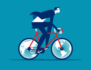 A man ride a bicycle with globes for wheels