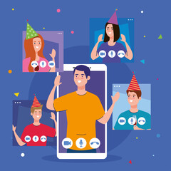 man on smartphone and people with party hats on screens design, Happy birthday and video chat theme Vector illustration