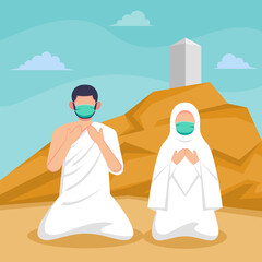 Hajj and umrah islamic pilgrimage ritual guide during pandemic covid-19. Flat style vector illustration of muslim characters praying at arafat by wearing mask to prevent corona virus spread.