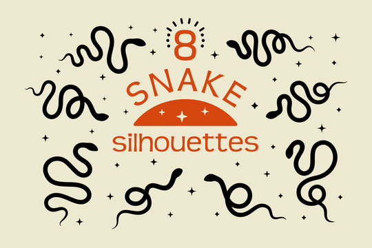 A set of Black snake silhouettes in a simple minimalistic style. Vector isolated illustration on a white background.
