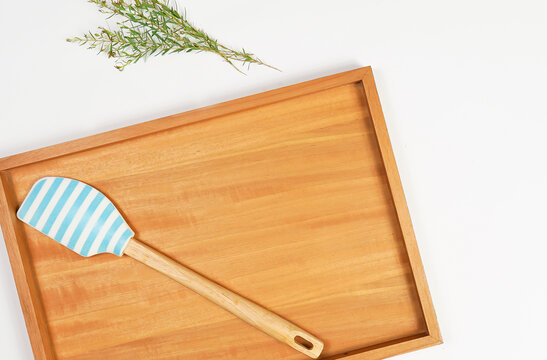 Baking pastel colour equipment on white background. Flat lay bakery text space images.