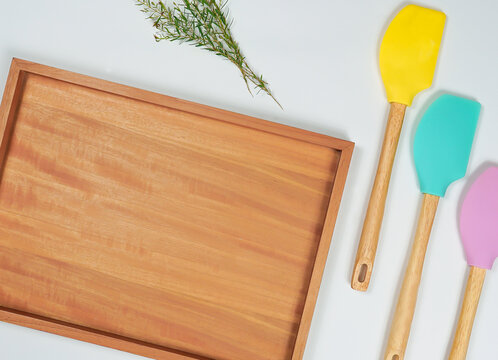 Baking pastel colour equipment on white background. Flat lay bakery text space images.