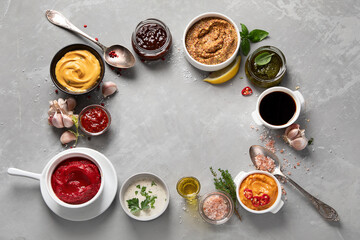 Fototapeta na wymiar Set of various sauces in bowls