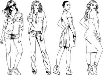 vector drawings on the theme of beautiful slim sporty girl in casual clothes in various poses painted ink hand sketch with no background