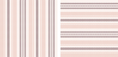 Herringbone stripes pattern set. Pink vector horizontal and vertical textured lines for modern textile print.