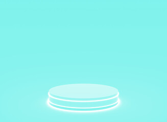 3d blue neon light cylinder podium minimal studio gradient color background. Abstract 3d geometric shape object illustration render. Display for science technology product.