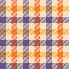 Gingham pattern vector in purple, orange, yellow. Seamless textured colorful vichy plaid for tablecloth, oilcloth, or other modern spring, summer, autumn textile print.