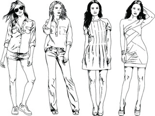 vector drawings on the theme of beautiful slim sporty girl in casual clothes in various poses painted ink hand sketch with no background