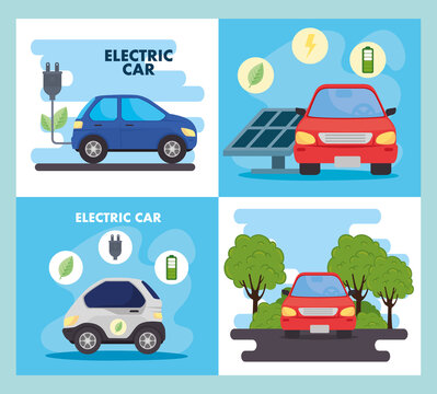 Eco and electric cars with plug and solar panel design, energy power save sustainable environmental nature and conservation theme Vector illustration