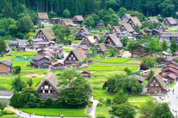 Gassho-zukuri houses at Ogimachi Village in Shirakawago, Gifu, Japan. It is part of UNESCO World Heritage Site - Historic Villages of Shirakawa-go and Gokayama.