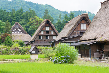 Fototapeta na wymiar Gassho-zukuri houses at Ogimachi Village in Shirakawago, Gifu, Japan. It is part of UNESCO World Heritage Site - Historic Villages of Shirakawa-go and Gokayama.