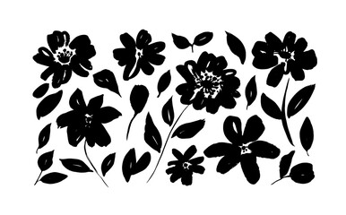 Spring flowers hand drawn vector set. Black brush flower silhouettes. Ink drawing wild plants, herbs or flowers, monochrome botanical illustration. Roses, peonies, chrysanthemums isolated cliparts.