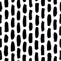 Vertical brush strokes vector seamless pattern. Black paint scribbles, dash lines, dry brushstroke texture. Regular rough smears. Black and white monochrome texture. Hand drawn grunge ink shapes.