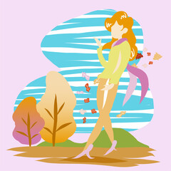 The woman walking in park autumn season vector image.