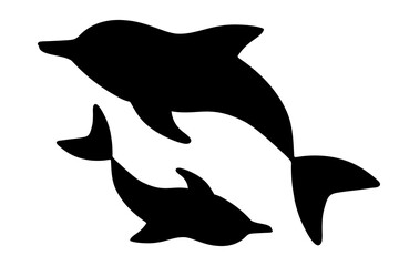 Two dolphins circle in a circle. Marine mammal. Vector stock illustration. Silhouette. White isolated background. Inhabitant of the ocean. Flat style. World Whale and Dolphin Day. Tropical waters. 