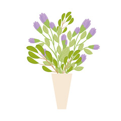 purple flowers with leaves inside vase design, natural floral nature plant ornament garden decoration and botany theme Vector illustration
