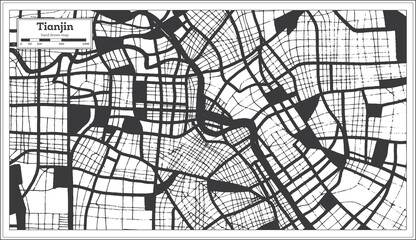Tianjin China City Map in Black and White Color in Retro Style. Outline Map.