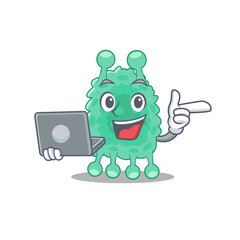 Smart cartoon character of azotobacter vinelandii studying at home with a laptop